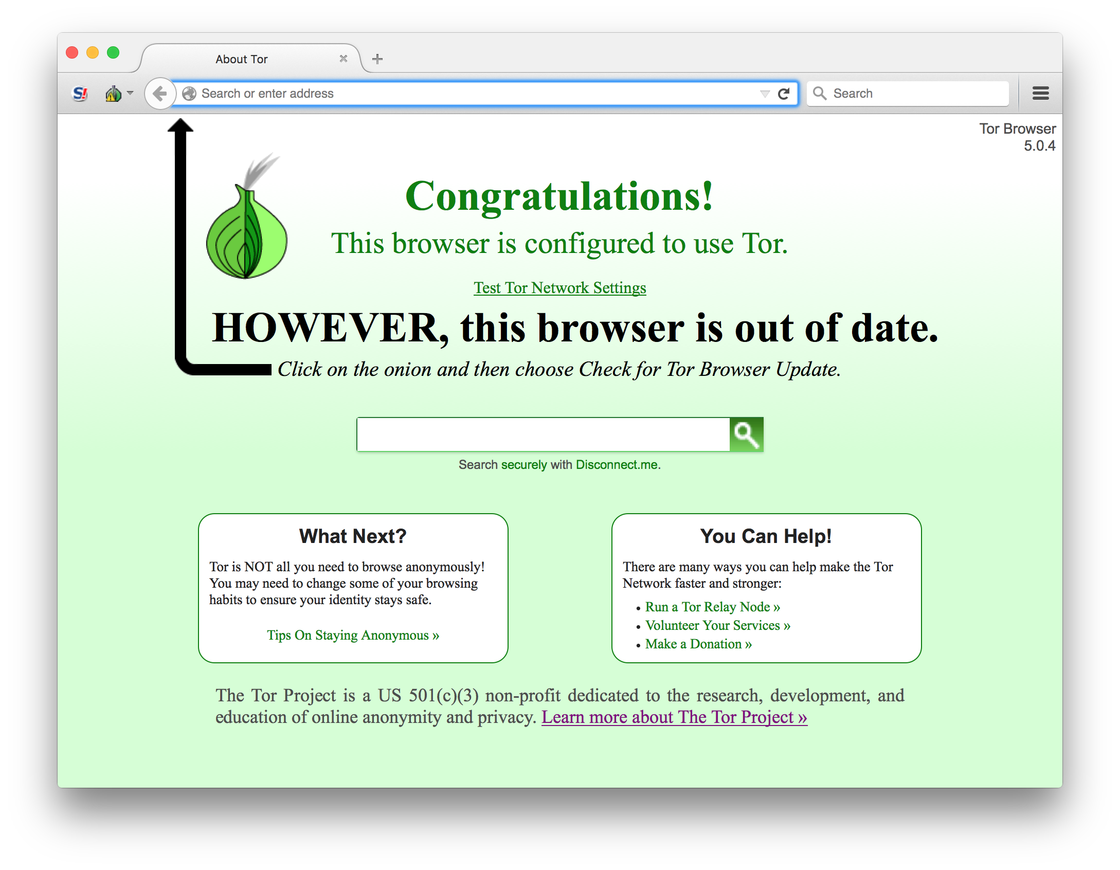 Out of date Tor browser screenshot